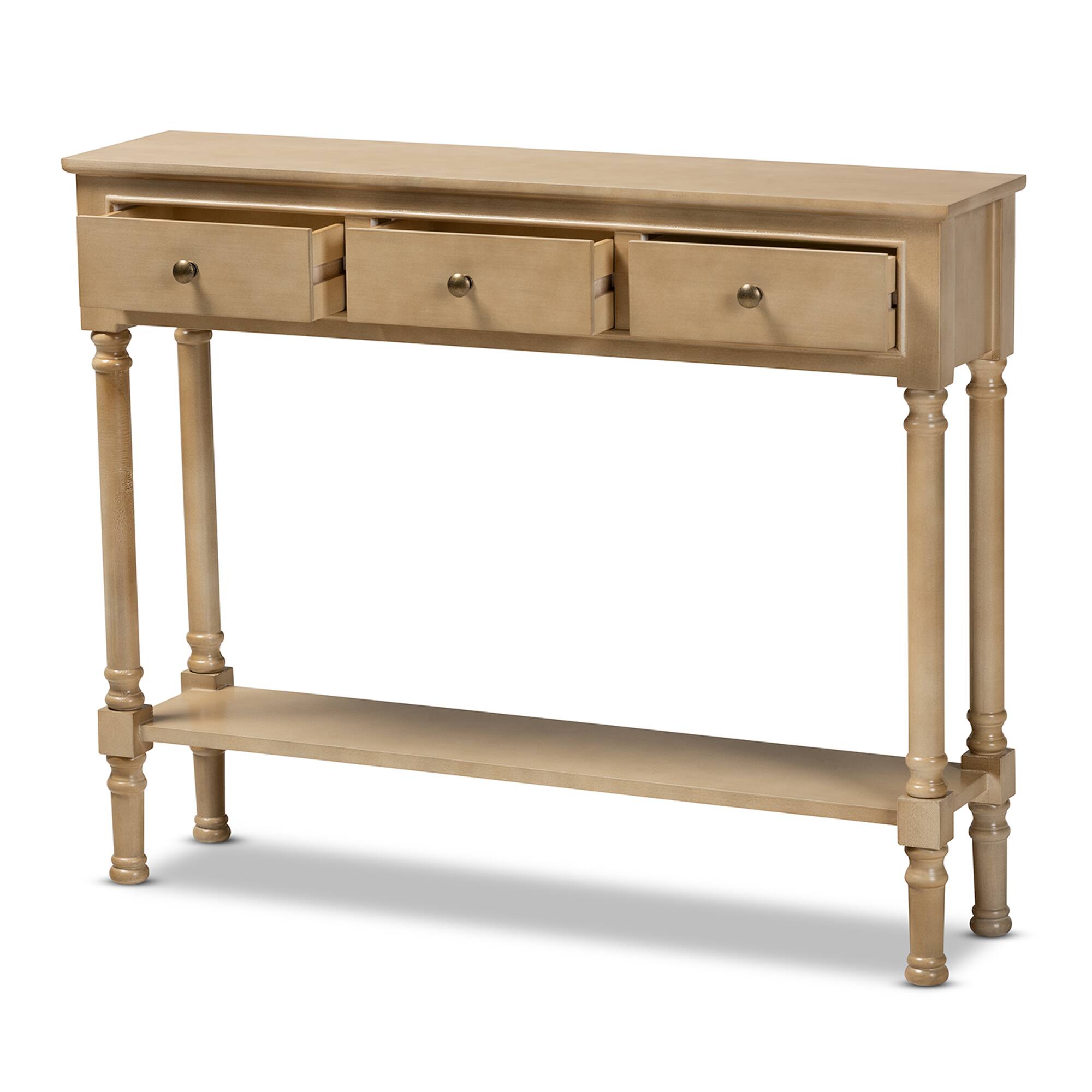 Angle. Baxton Studio - Calvin Classic and Traditional French Farmhouse Finished Wood 3-Drawer Entryway Console Table - Oak Brown.