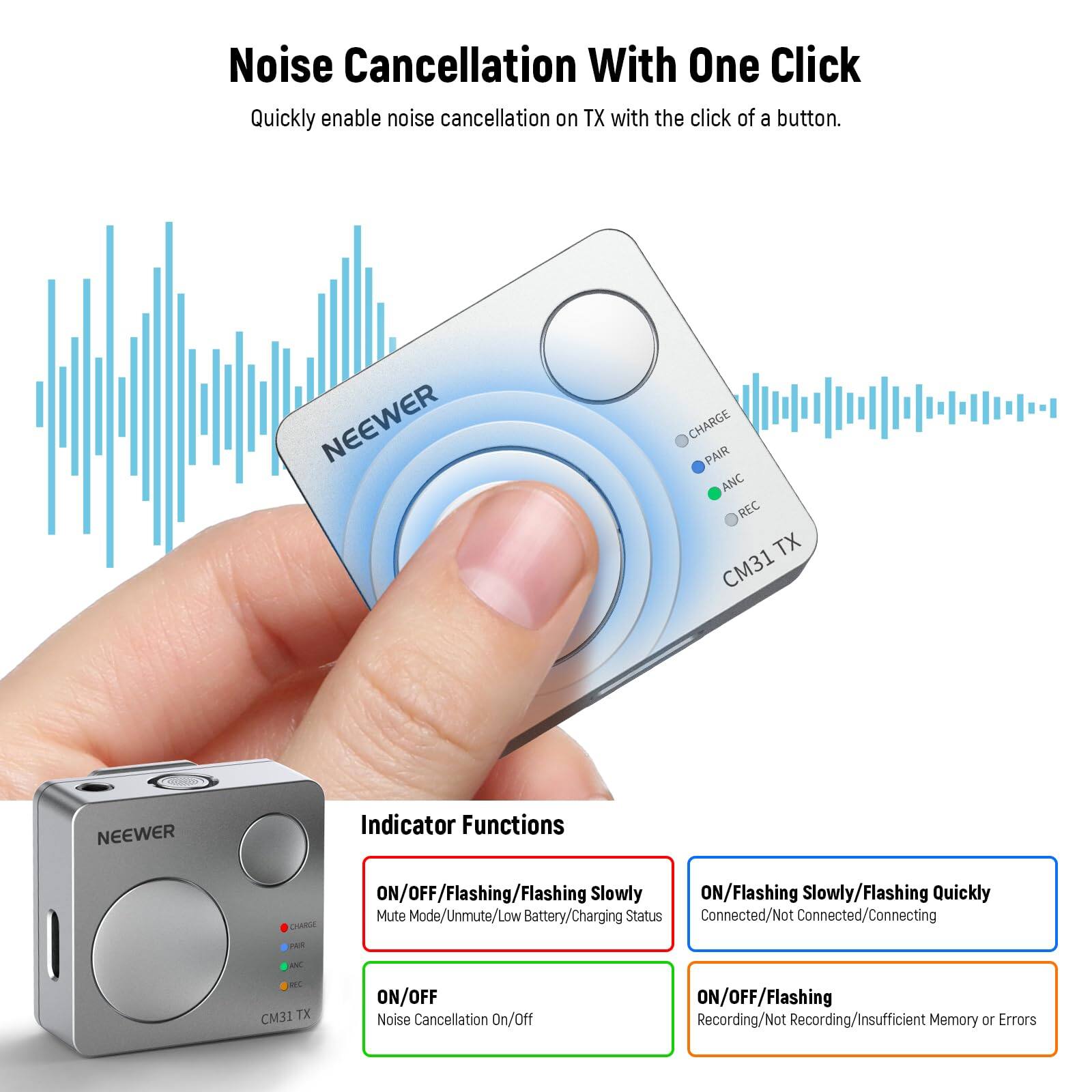 Noise Cancellation With One Click  
Quickly enable noise cancellation on TX with the click of a button.

NEEWER CHARGE PAIR ANC REC TX CM31

Indicator Functions  
ON/OFF/Flashing/Flashing Slowly  
Mute Mode/Unmute/Low Battery/Charging Status  
Connected/Not Connected/Connecting  
ON/OFF  
Noise Cancellation On/Off  
ON/OFF/Flashing  
Recording/Not Recording/Insufficient Memory or Errors