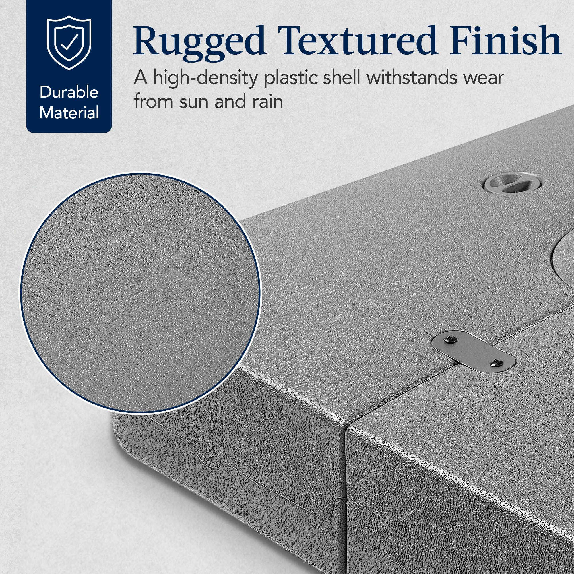 Rugged Textured Finish: A high-density plastic shell withstands wear from sun and rain.