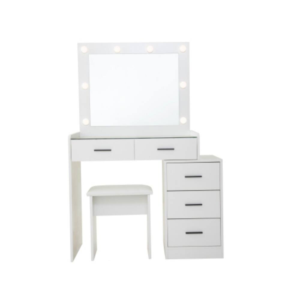 Alt View 1. LUCKY ONE - Dressing Table with 5 Drawers, LED Mirror and Stool for Small Bedroom - White.