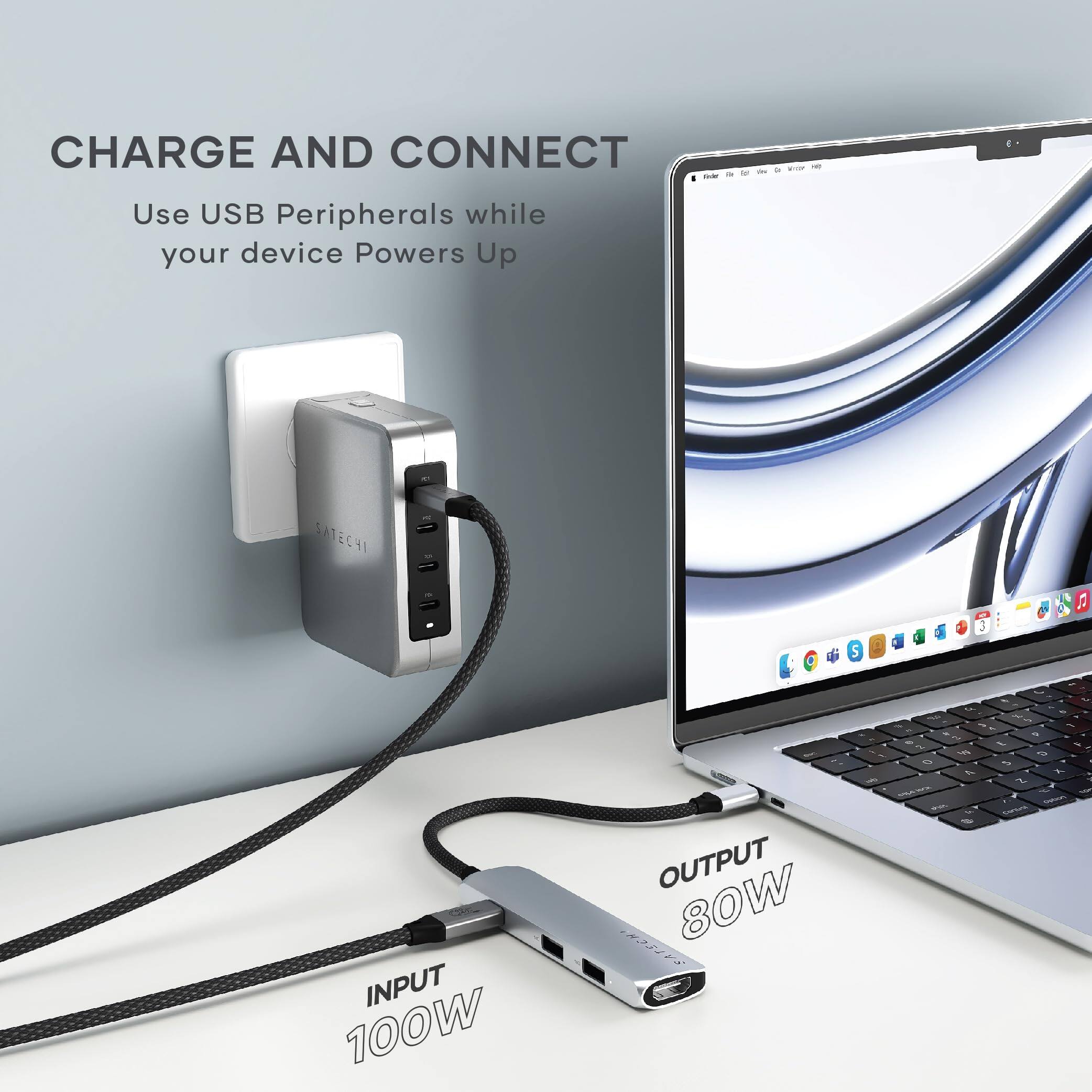 CHARGE AND CONNECT  
Use USB Peripherals while your device Powers Up  

SATECHI  

INPUT 100W  
OUTPUT 80W