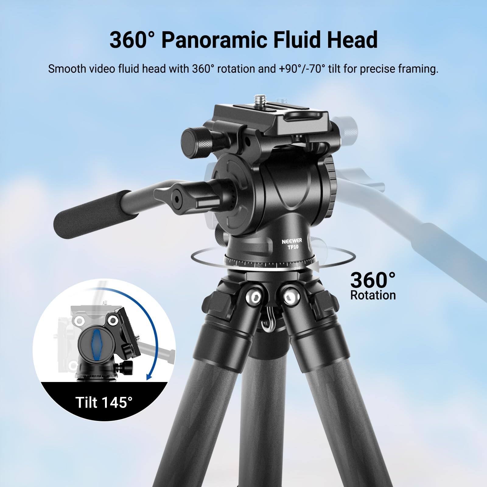 360° Panoramic Fluid Head

Smooth video fluid head with 360° rotation and +90°/-70° tilt for precise framing.

NEEWER TP10

360° Rotation

Tilt 145°