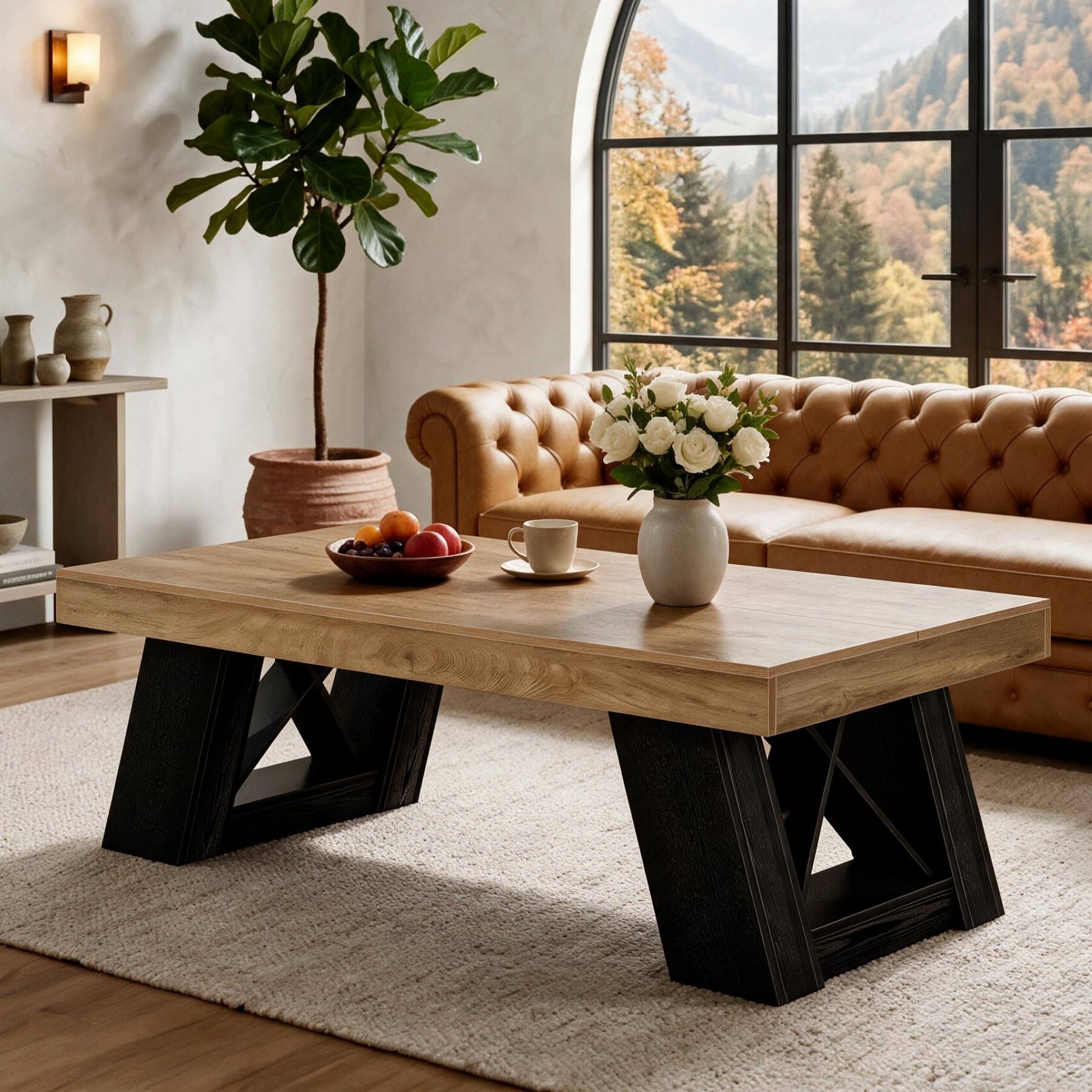 Alt View 5. Tribesigns - 55" Extra Large Rectangle Coffee Table for Living Room - Rustic Brown & Black.