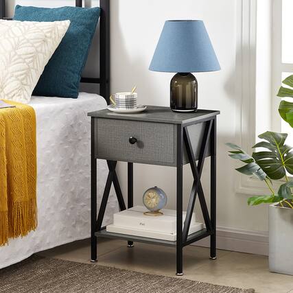 Front. Vecelo - Nightstand with Drawer - Bedside Table with Storage Shelf, Compact End Table for Bedroom, MDF Wood Nightstand - Dark Grey.