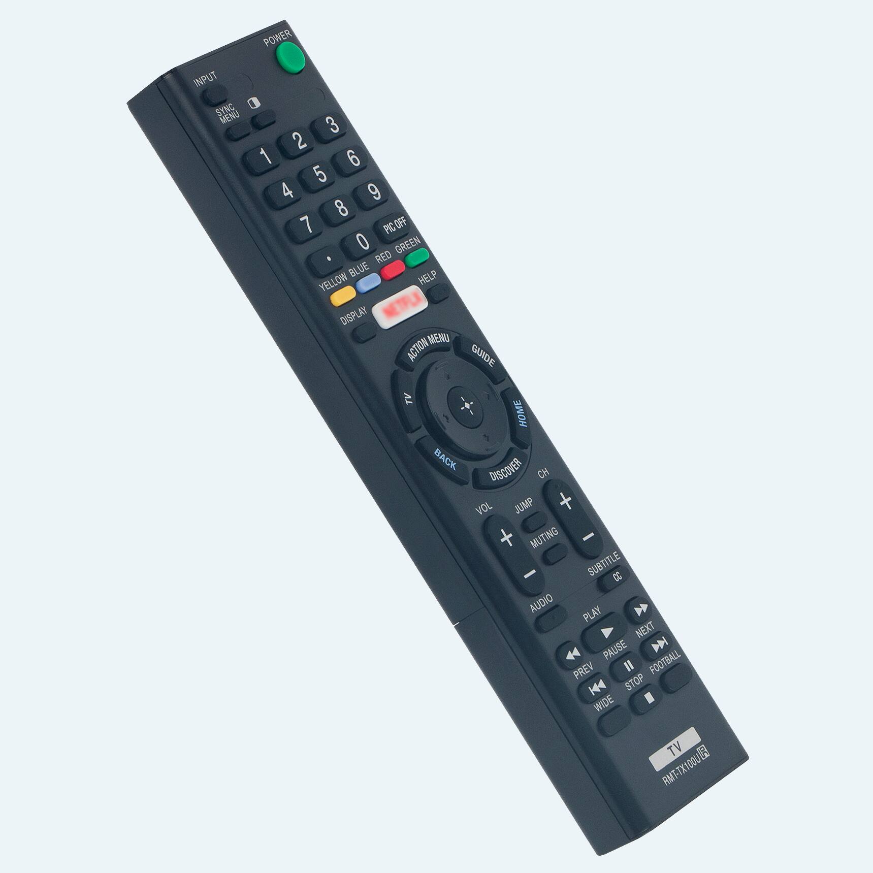 POWER INPUT SYNC MENU 1 2 3 4 5 6 7 8 9 0 PICOFF GREEN RED BLUE YELLOW DISPLAY LMT NETFL MEND ACTION GUIDE HOME BACK DISCOVER CH VOL JUMP + + MUTING - - SUBTITLE CC AUDIO PLAY NEXT PAUSE D PREV II FOOTBALL H44 STOP WIDE TV RMT-TX10001 RMT