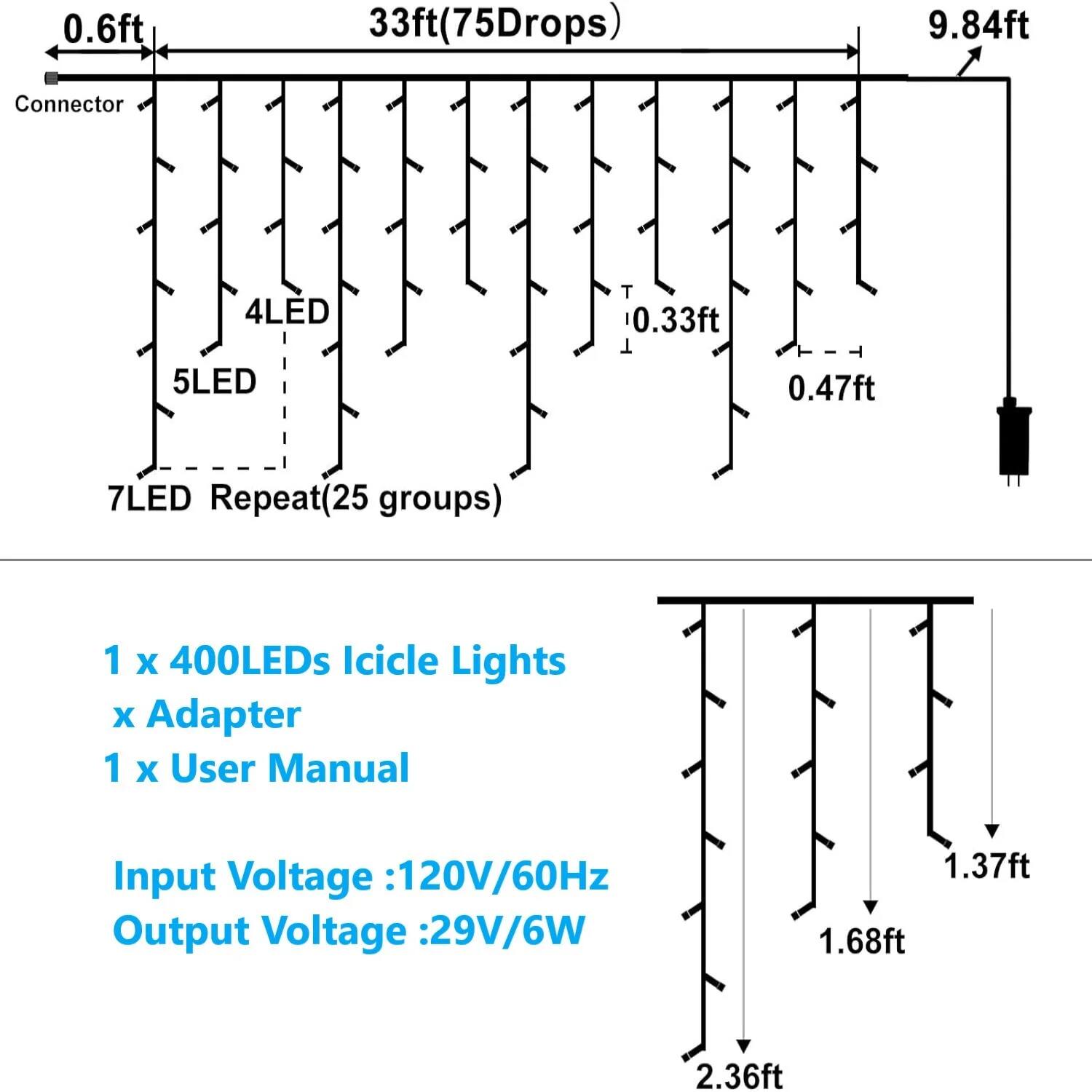0.6ft 33ft (75Drops) 9.84ft Connector 4LED 5LED 7LED Repeat(25 groups) 1 x 400LEDs Icicle Lights x Adapter 1 x User Manual Input Voltage: 120V/60Hz Output Voltage: 29V/6W 0.33ft 0.47ft 1.37ft 1.68ft 2.36ft