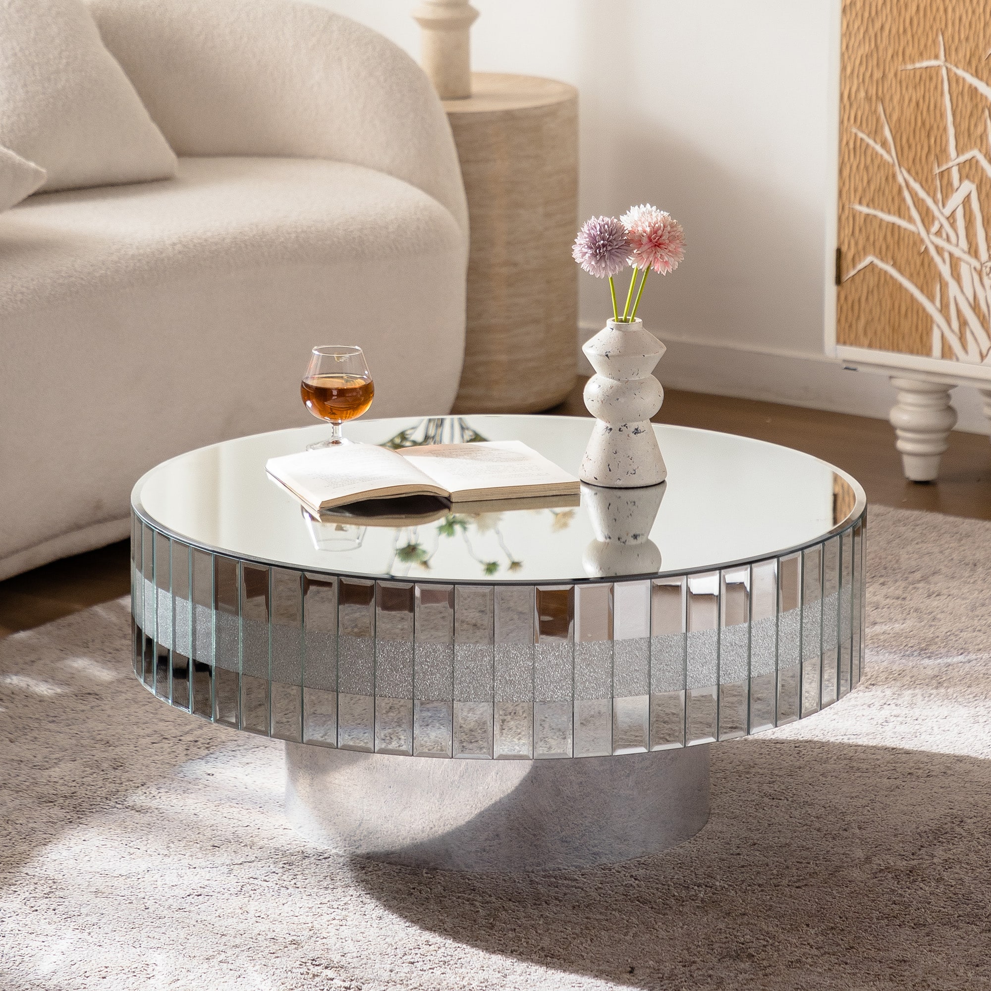 APRILSOUL - Round Mirrored Coffee Table Large Decorative Bling Crushed Diamond Silver Mirror Crystal Edge Frame Luxury - White