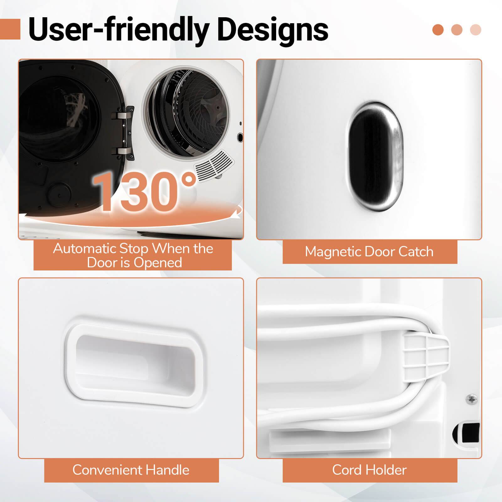 User-friendly Designs

- 130° Automatic Stop When the Door is Opened
- Magnetic Door Catch
- Convenient Handle
- Cord Holder