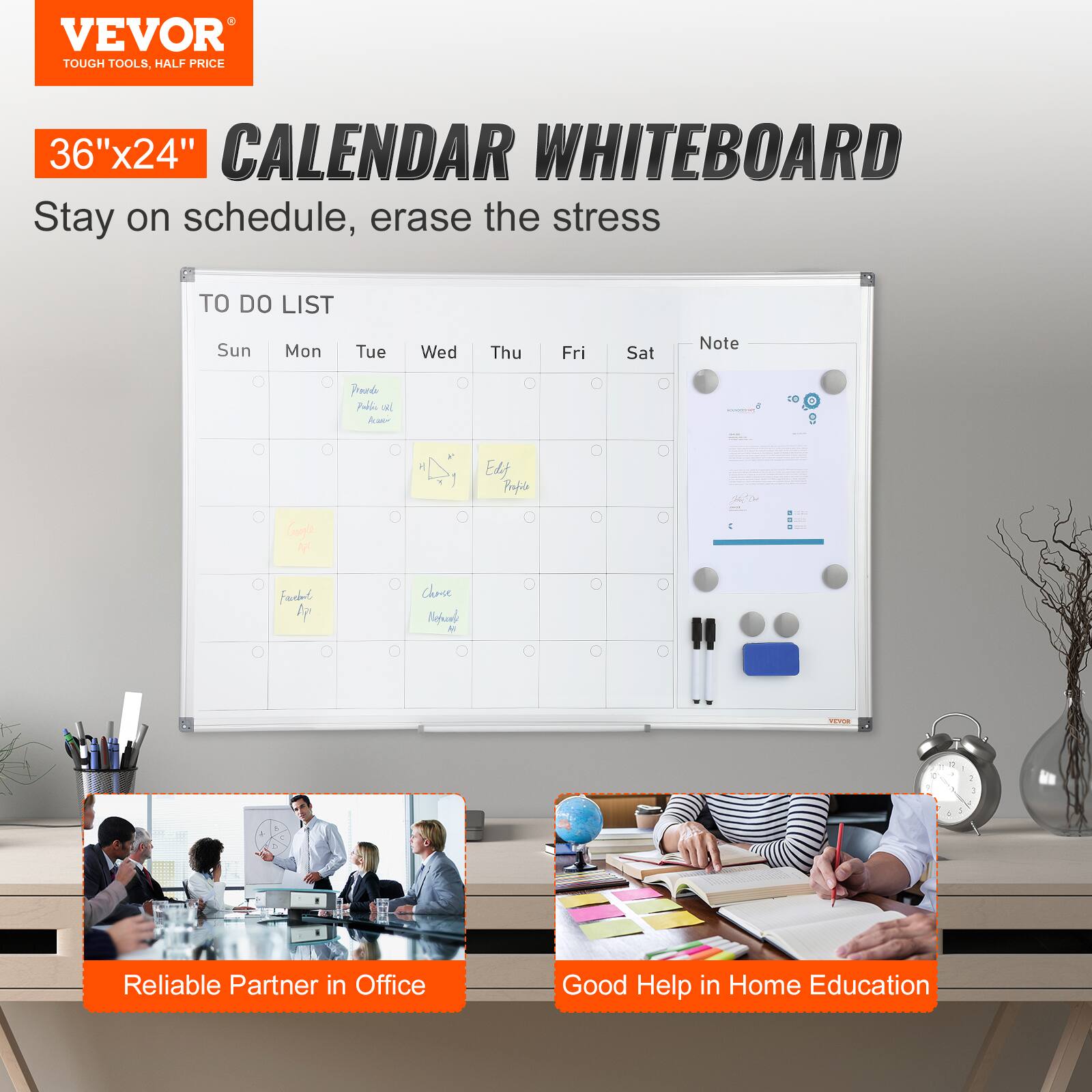 VEVOR TOUGH TOOLS. HALF PRICE 36"x24" CALENDAR WHITEBOARD Stay on schedule, erase the stress TO DO LIST Sun Mon Tue Wed Thu Fri Sat Note Reliable Partner in Office Good Help in Home Education
