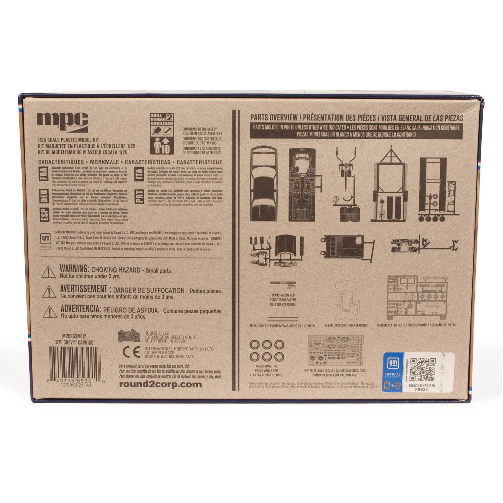 The image features a box that contains a model kit for a 1/25 scale plastic model. The box has a label on the back that indicates it is a model for adults and warns against choking hazards. The box also contains a parts overview and a diagram of the model. The model is made by MPC and is designed for assembly.