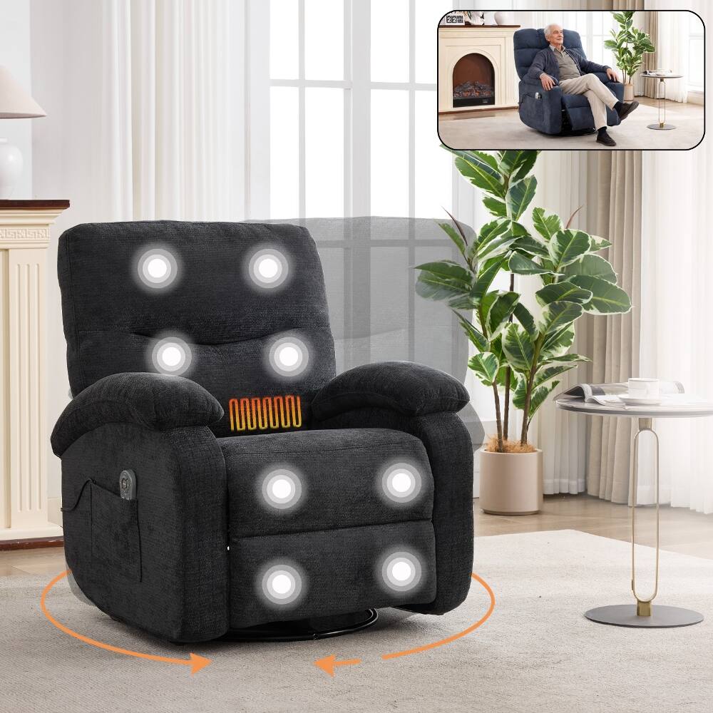 Ropilly - Massage Recliner Chair, Swivel Rocker Recliner with Heat, Manual Fabric Living Room Lounge Chair - Black