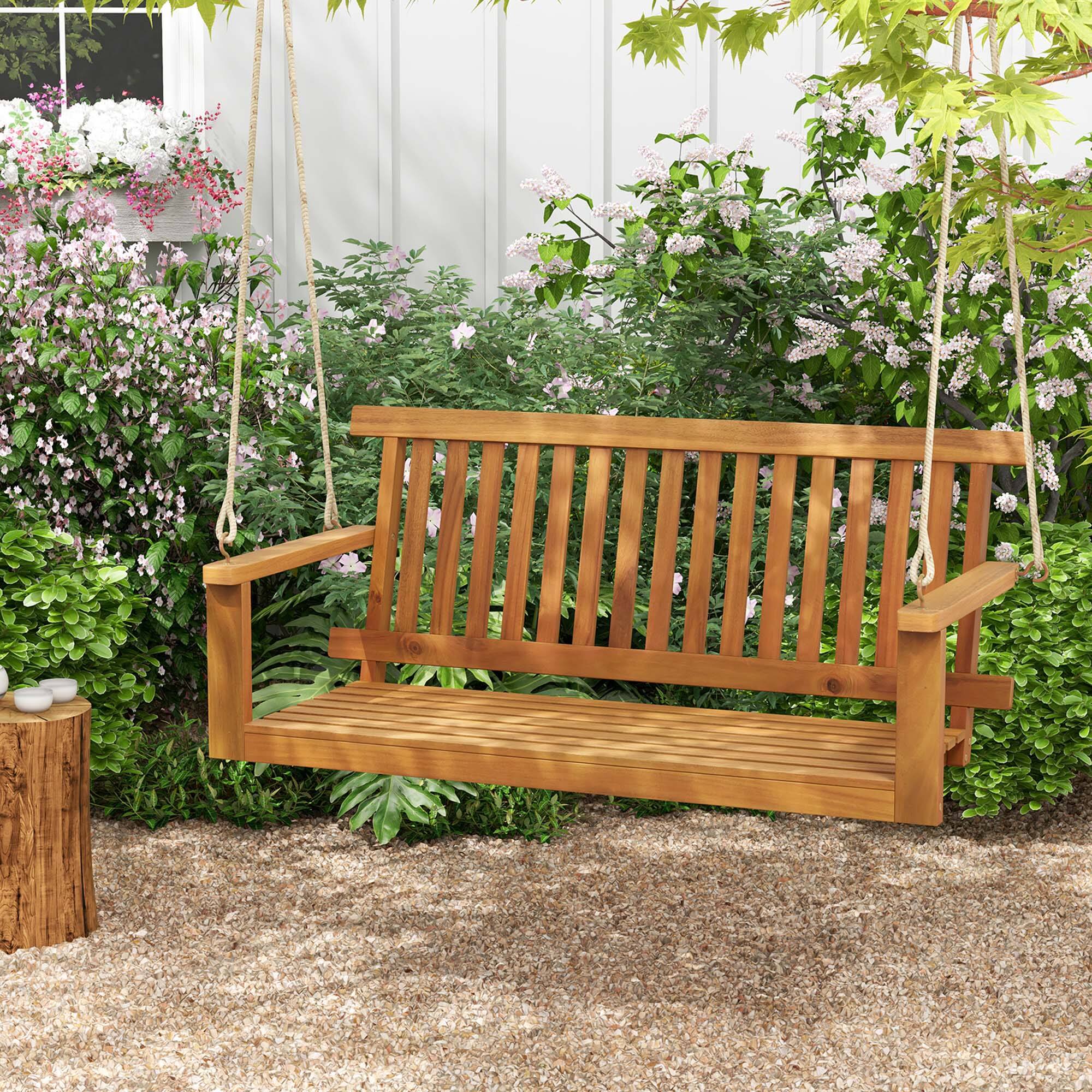 Alt View 1. Costway - Costway 2-Seat Porch Swing Bench Acacia Wood Chair with 2 Hanging Hemp Ropes for Backyard - Natural.
