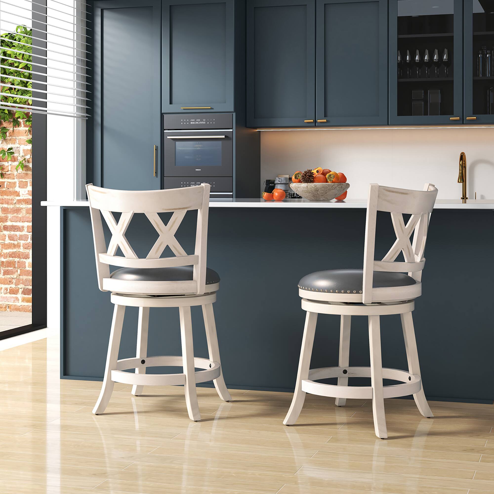 Alt View 3. Gymax - Gymax 25.5'' Swivel Bar Stools Set of 4 Solid Wood Stools w/ X-shaped Backrests Antique White & Gray - Antique White, Gray.