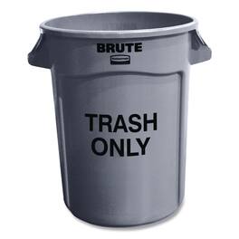 RubberMaid - Vented Round Brute Container, "Trash Only" Imprint, 32 gal, Plastic, Gray