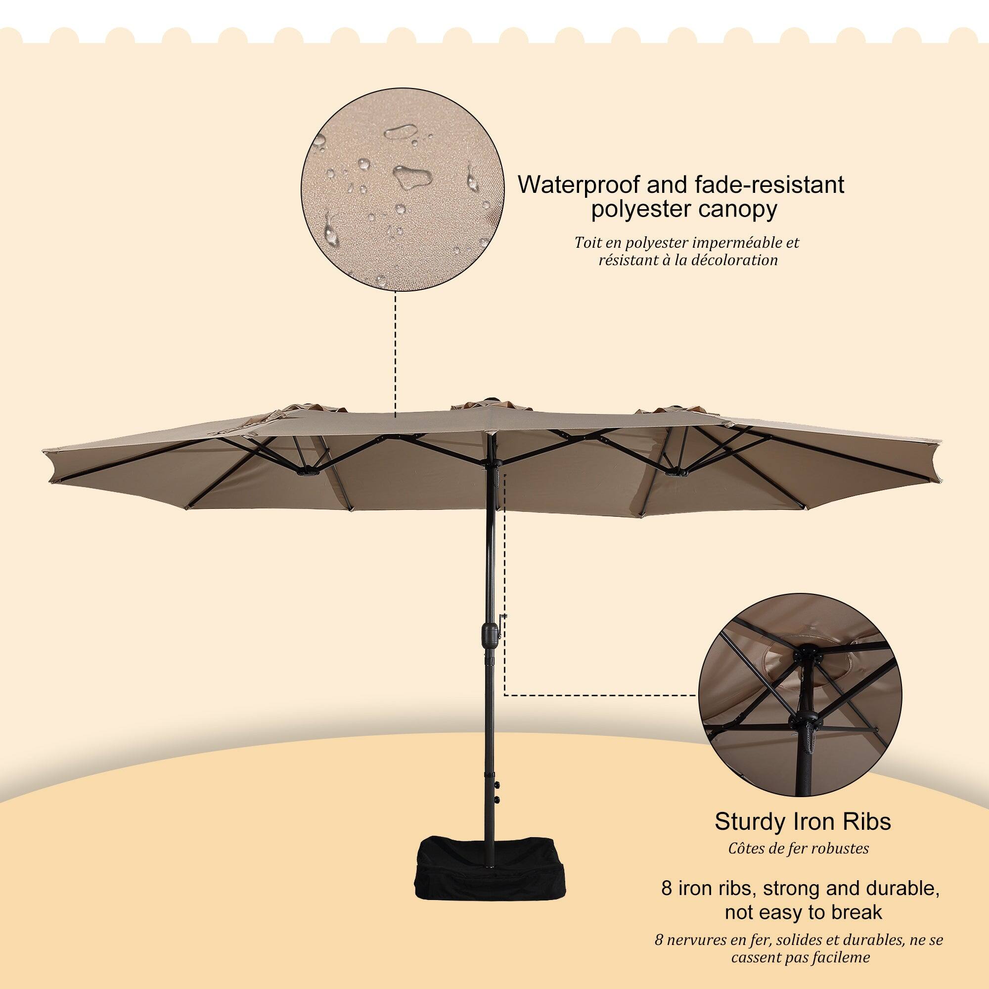 Waterproof and fade-resistant polyester canopy  
Toit en polyester imperméable et résistant à la décoloration  

Sturdy Iron Ribs  
Côtes de fer robustes  

8 iron ribs, strong and durable, not easy to break  
8 nervures en fer, solides et durables, ne se cassent pas facilement