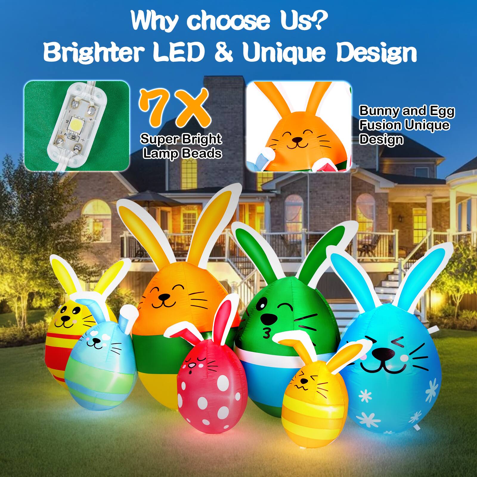 Why choose Us?  
Brighter LED & Unique Design  
7X Super Bright Lamp Beads  
Bunny and Egg Fusion Unique Design