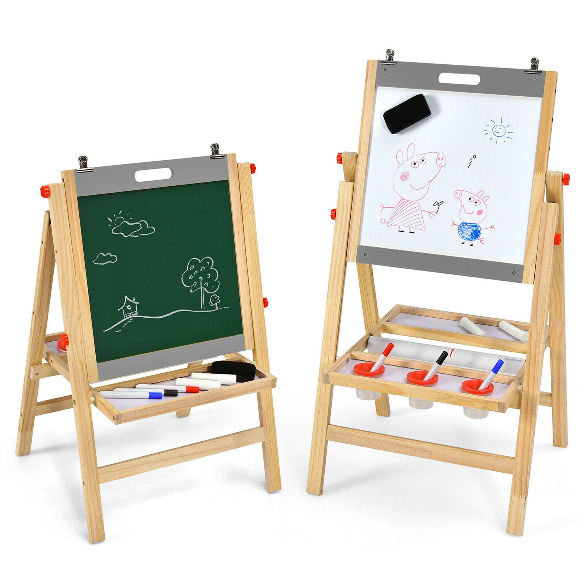 Front. Costway - Kids Art Easel w/ Whiteboard & Paper Roll Double Sided Chalkboard - Nature, Grey.