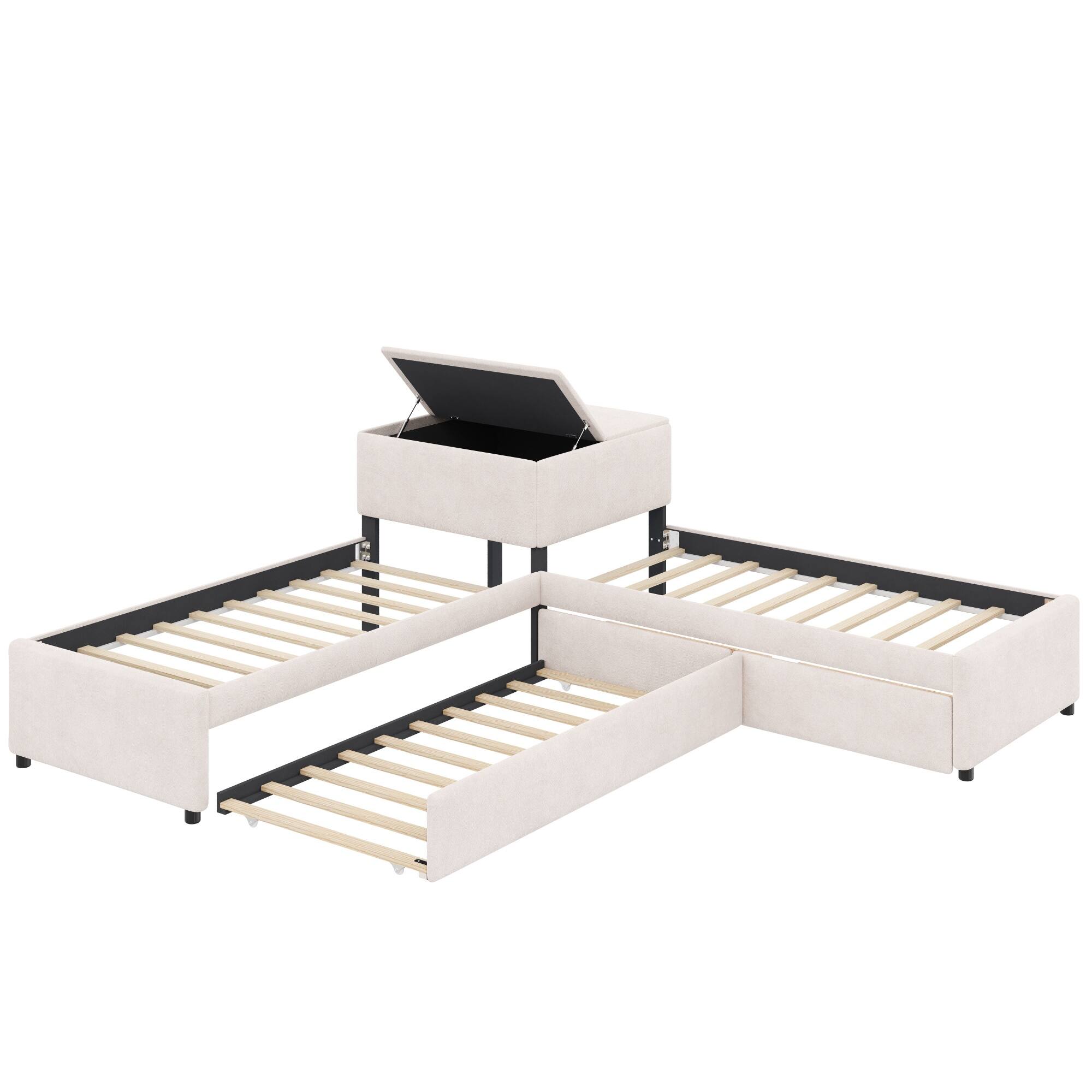 Alt View 2. Whisen - Twin Size 3-Bed L-Shaped Platform Bed with Trundle, Storage Drawers, Built-in Desk, Linen Upholstery - Beige.