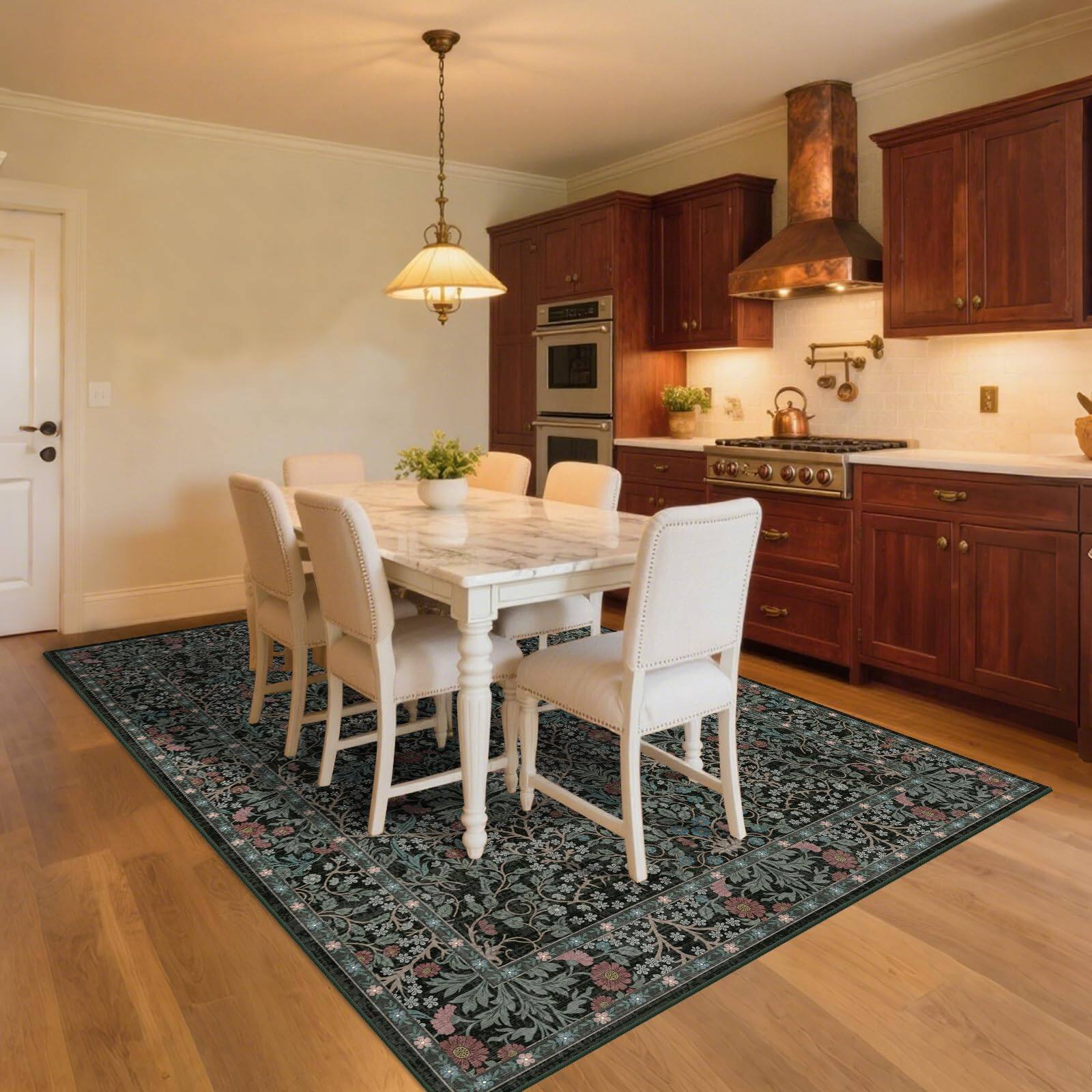 Alt View 1. PARKER SLATER - Washable Area Rugs Living Room Stain Resistant Vintage Dining Under Kitchen Table Bedroom Floral Low Pile Non Sl... - Black.