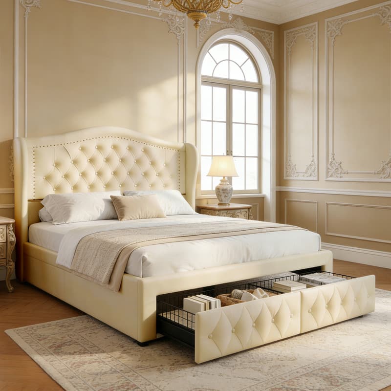 Dyonery - Queen bed frame, 52.6 inches high, with two drawers, velvet soft packaging, sewn headboard, vintage design. - Gold