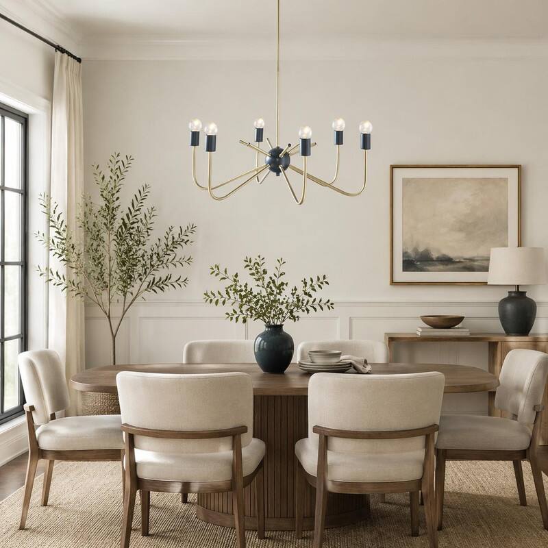 Left. RYHNUYNE - Modern 6‑Light Metal Chandelier, Two‑Tone Sputnik Candle Style Light Fixture for Dining Room Living Room - Antique Brass+Black.
