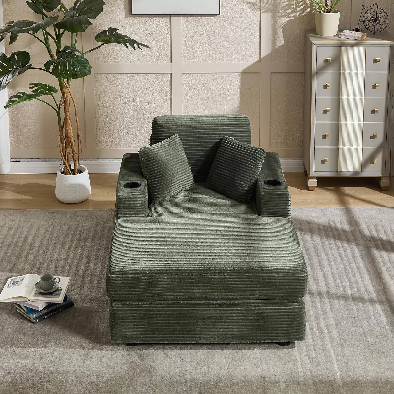 Alt View 4. Trinkets Crazed - Corduroy Chaise Lounge Chair Indoor, Comfy Fluffy Single Sleeper Sofa with Cup Holders and Pockets - green.