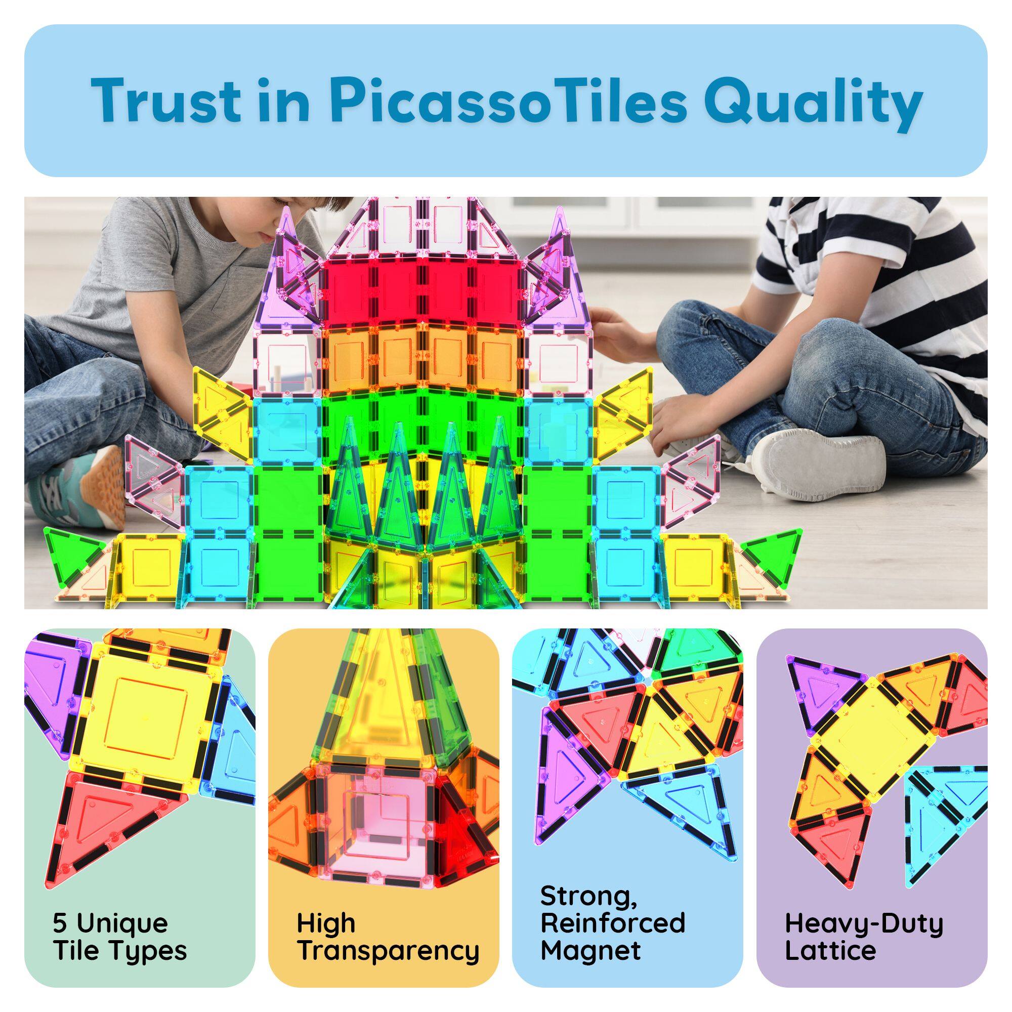 Trust in PicassoTiles Quality

5 Unique Tile Types
High Transparency
Strong, Reinforced Magnet
Heavy-Duty Lattice