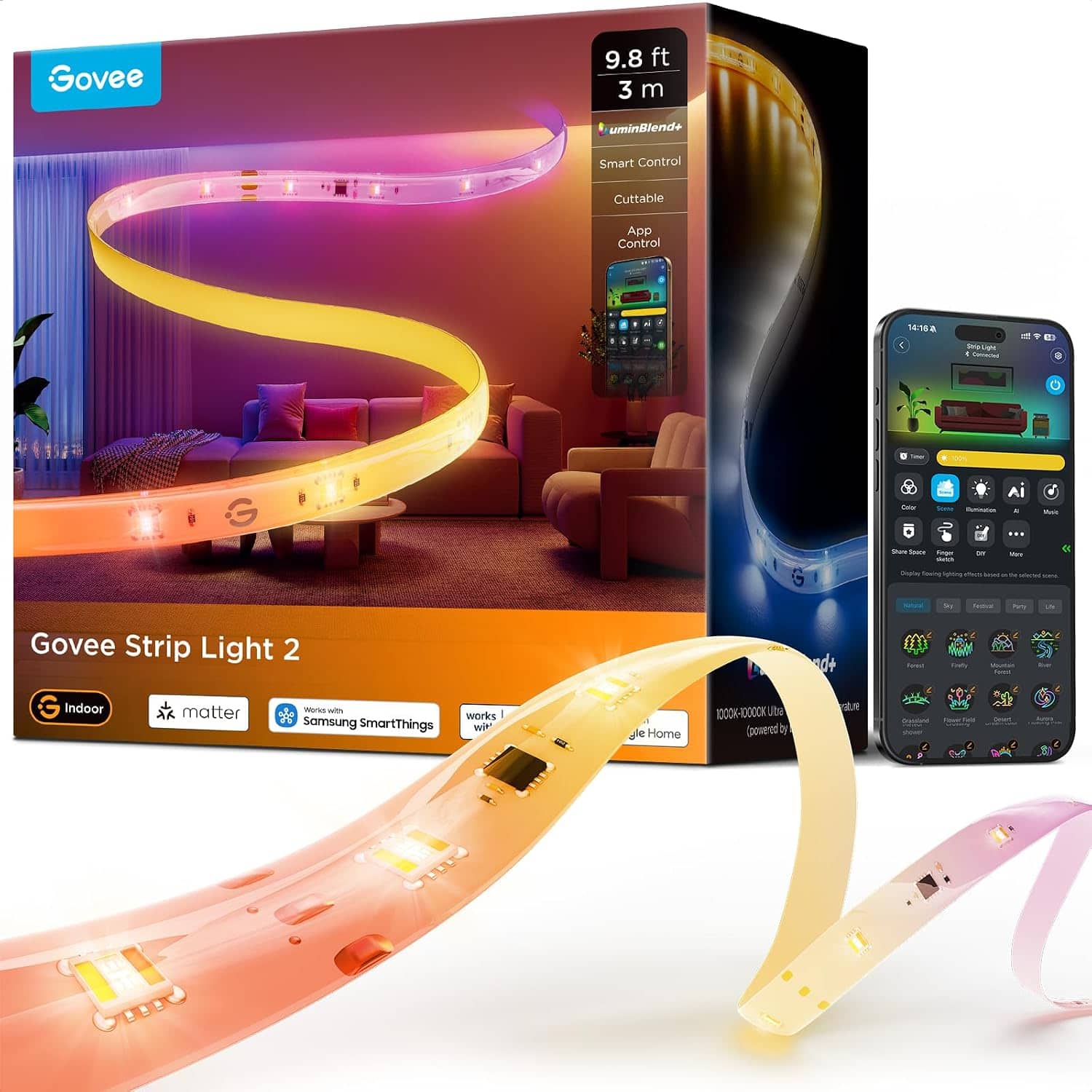 Govee - LED Strip Light 2, 9.8ft, RGBWWIC, Tunable 1000K-10000K, Works with Matter, Alexa, Google