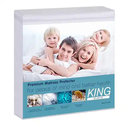 Premium Mattress Protector for peace of mind and better health
KING
76" x 80" + 18"
Made in China
- 100% Organic Cotton Hypoallergenic Terry Surface
- 100% Waterproof Breathable Membrane
- Protects Against Your Skin and Bacteria
- Protects Against Dust Mites