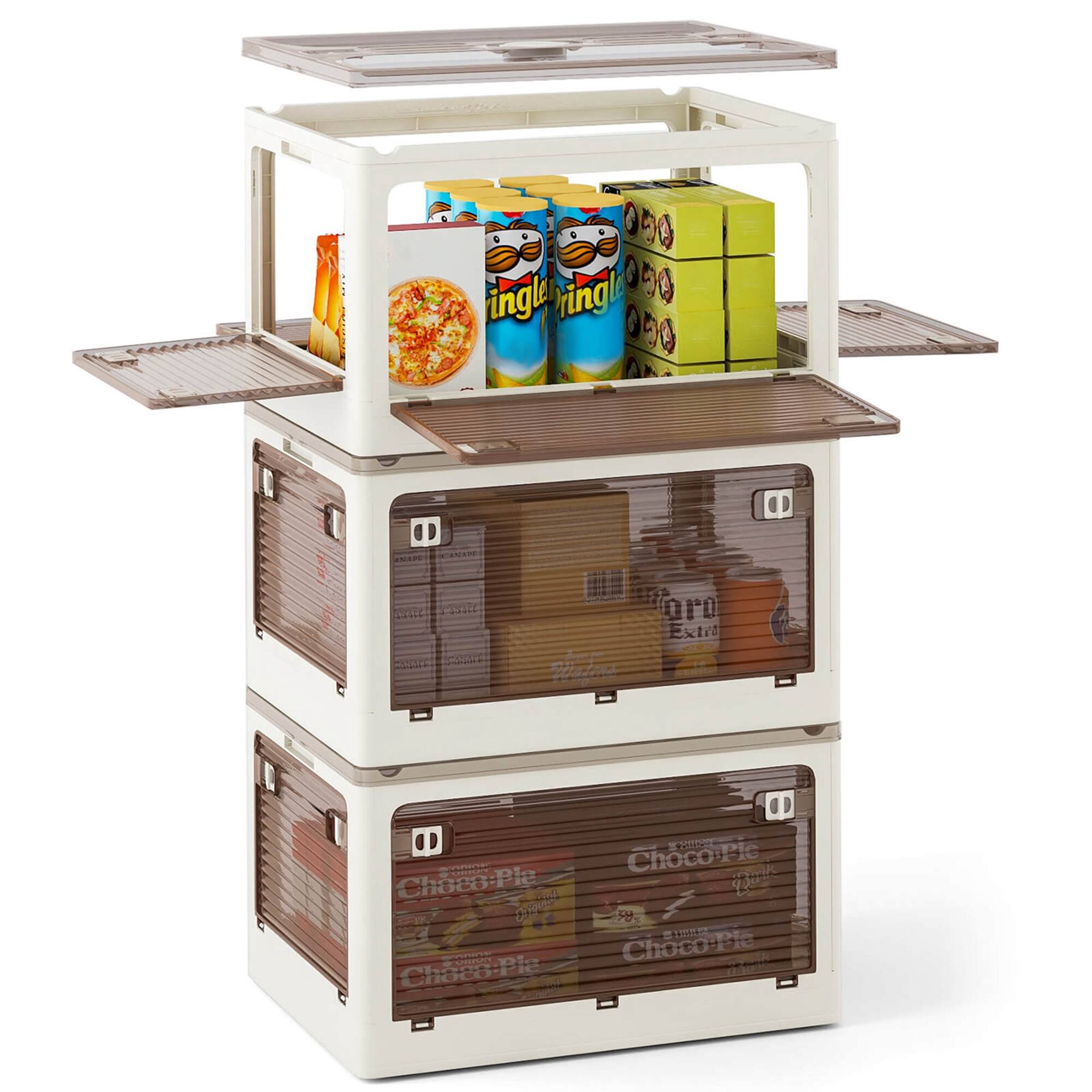 Costway - 3 Pack Stackable Storage Bins with Lids 34.5 Gallon Collapsible Plastic Container Box - Cream White,Clear Brown