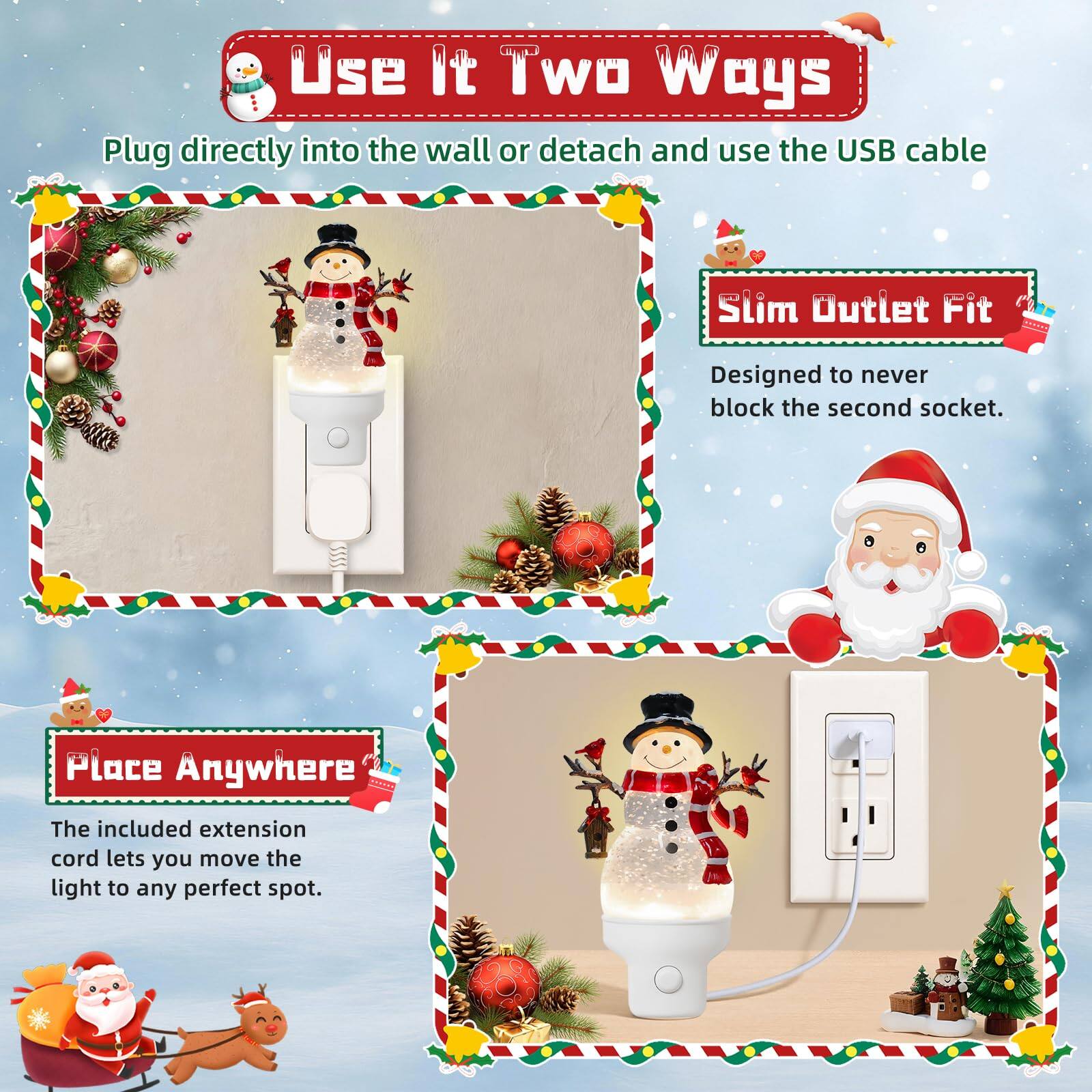 Use It Two Ways  
Plug directly into the wall or detach and use the USB cable  

Slim Outlet Fit  
Designed to never block the second socket.  

Place Anywhere  
The included extension cord lets you move the light to any perfect spot.
