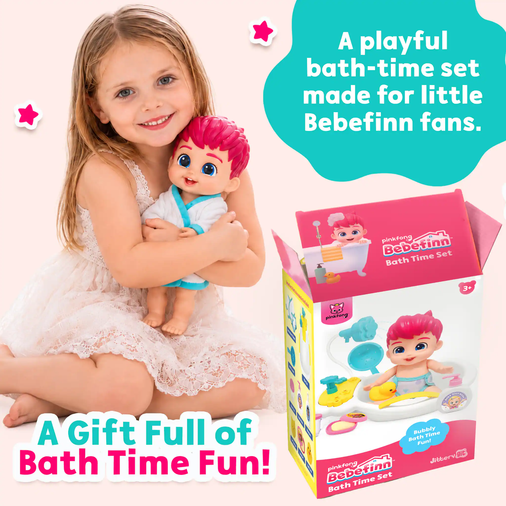 A playful bath-time set made for little Bebefinn fans.

pinkfong Bebefinn Time Set Bath
3+

pinkfong
A Gift Full of Bath Time Fun!
Pink Bubbly Time Bath Fun! Jittery Bebefinn pinkfong Time Set Bath