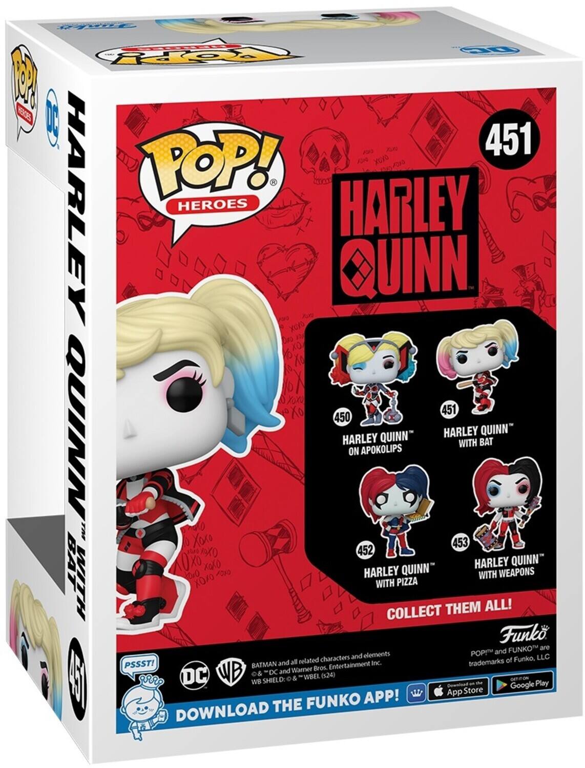 POP! HEROES, HARLEY QUINN, 451, 450, 452, 453, COLLECT THEM ALL!, Funko, POP! and FUNKO are trademarks of Funko, LLC, PSSST!, BATMAN and SHIELD, DC & WBEL (s24), DOWNLOAD THE FUNKO APP!, Download on the App Store, Google Play