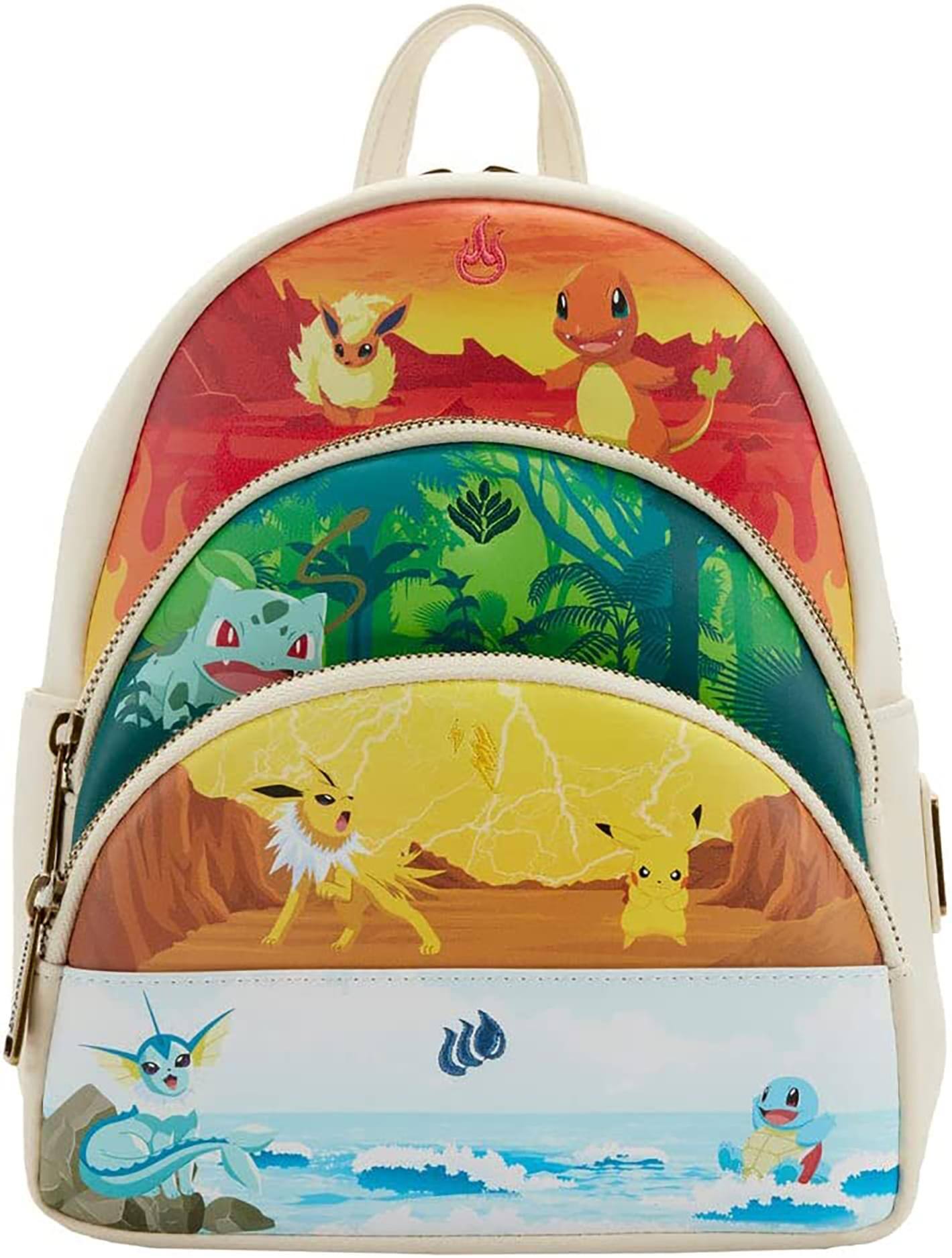 Front. LoungeFly - Pokemon Elements Triple Pocket Mini Backpack - Red.