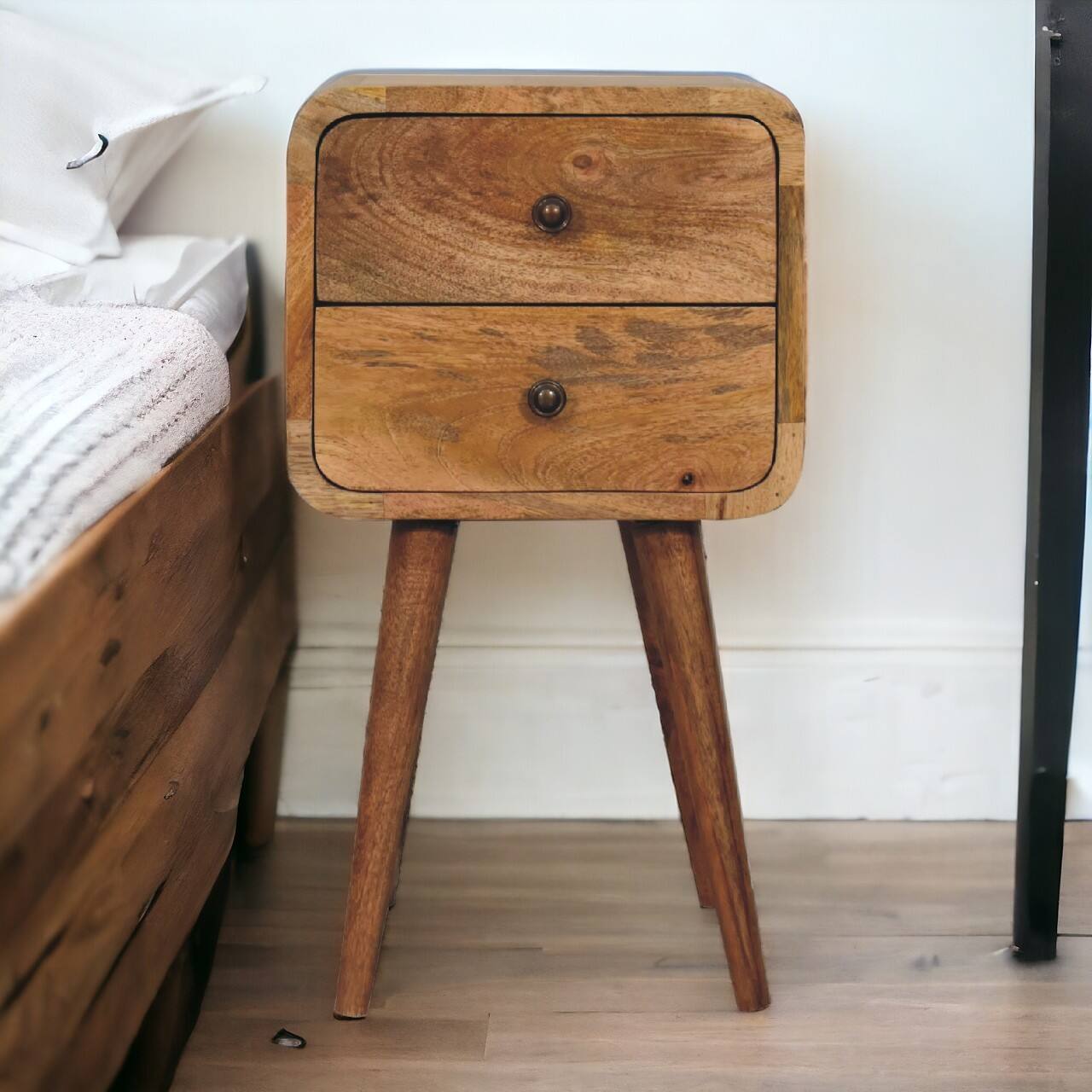 Alt View 8. Artisan Furniture - Artisan Furniture Solid Wood Mini Oak-ish Curved Nightstand, 2 Drawers, Nordic Legs, Light Brown - Oak.