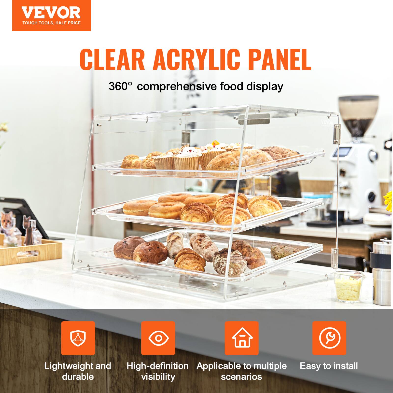 VEVOR  
TOUGH TOOLS, HALF PRICE  

CLEAR ACRYLIC PANEL  
360° comprehensive food display  

- Lightweight and durable  
- High-definition visibility  
- Applicable to multiple scenarios  
- Easy to install