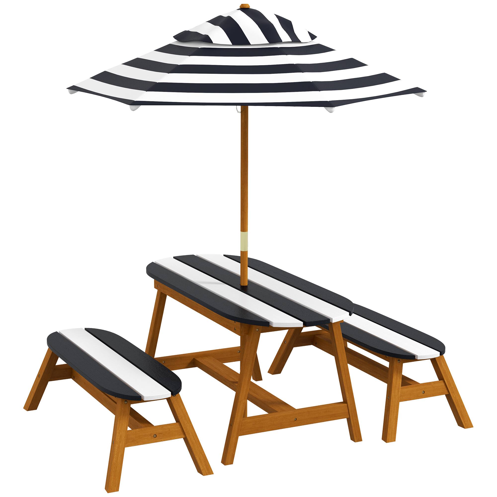 Front. HONGGE - Kids Outdoor Table and Bench Set with Umbrella Seating for Ages 3 to 8.