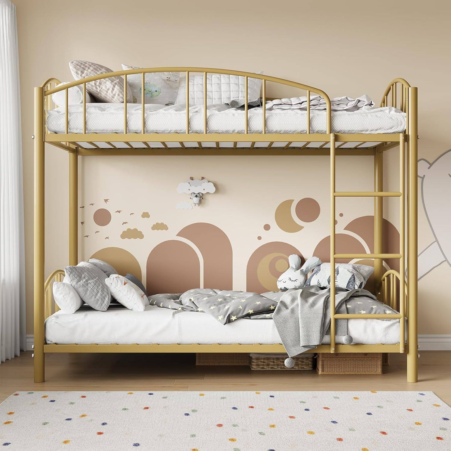 Acekool - Metal Bunk Bed Twin Over Twin, Twin Bunk Bed Frame with Heightened Arched Guardrail and Safety Ladder,Sturdy Steel Bed - Gold