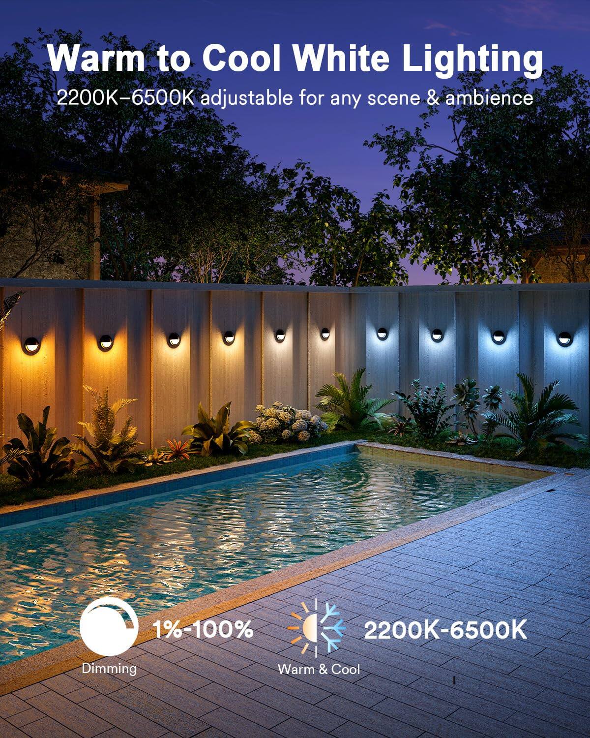 Warm to Cool White Lighting  
2200K-6500K adjustable for any scene & ambience  
1%-100% Dimming  
2200K-6500K Warm & Cool