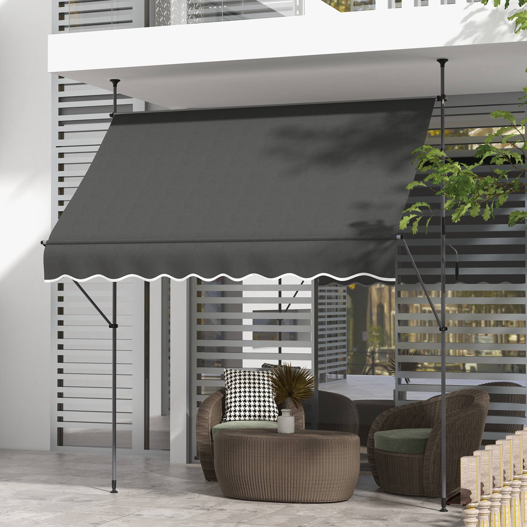 Angle. Outsunny - Manual Retractable Awning, 99" Non-Screw Patio Sun Shade Shelter with Support Pole Stand and UV Resistant Fabric - Dark Gray.