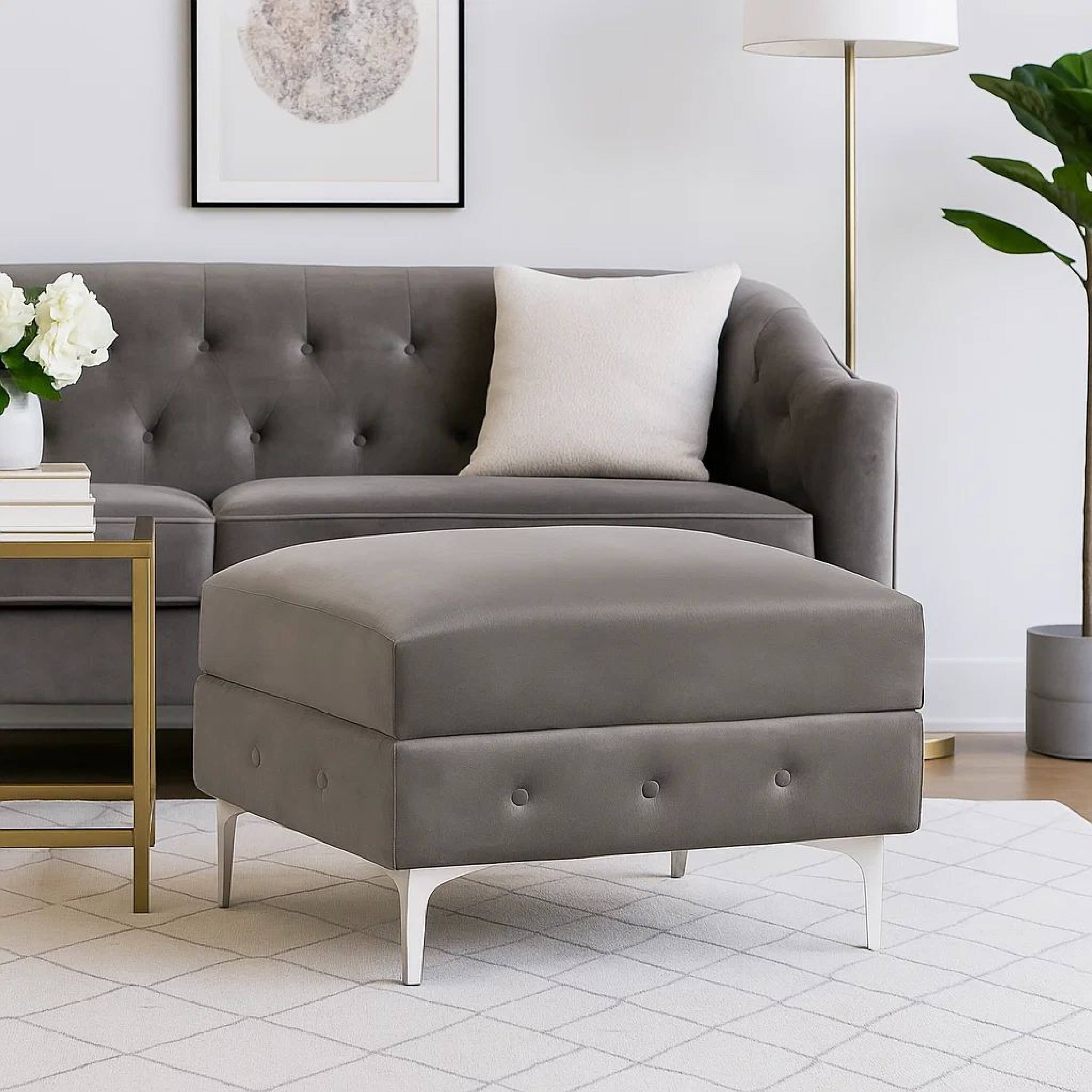 Alt View 6. Manhattan Lane - Anzo 32 Inch Square Ottoman, Button Tufting, Chrome Plated Steel Legs, Gray - Gray. Chrome.