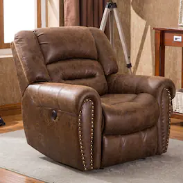 Bestier - Oversized Vegan Leather Manual Power Recliner with Nailhead Trim and USB Port - Brown