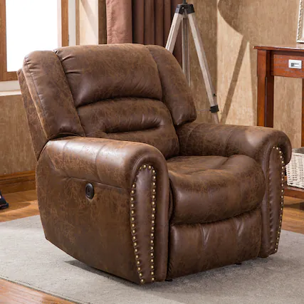 Front. Bestier - Oversized Brown Vegan Leather Manual Power Recliner with Nailhead Trim and USB Port - Brown.