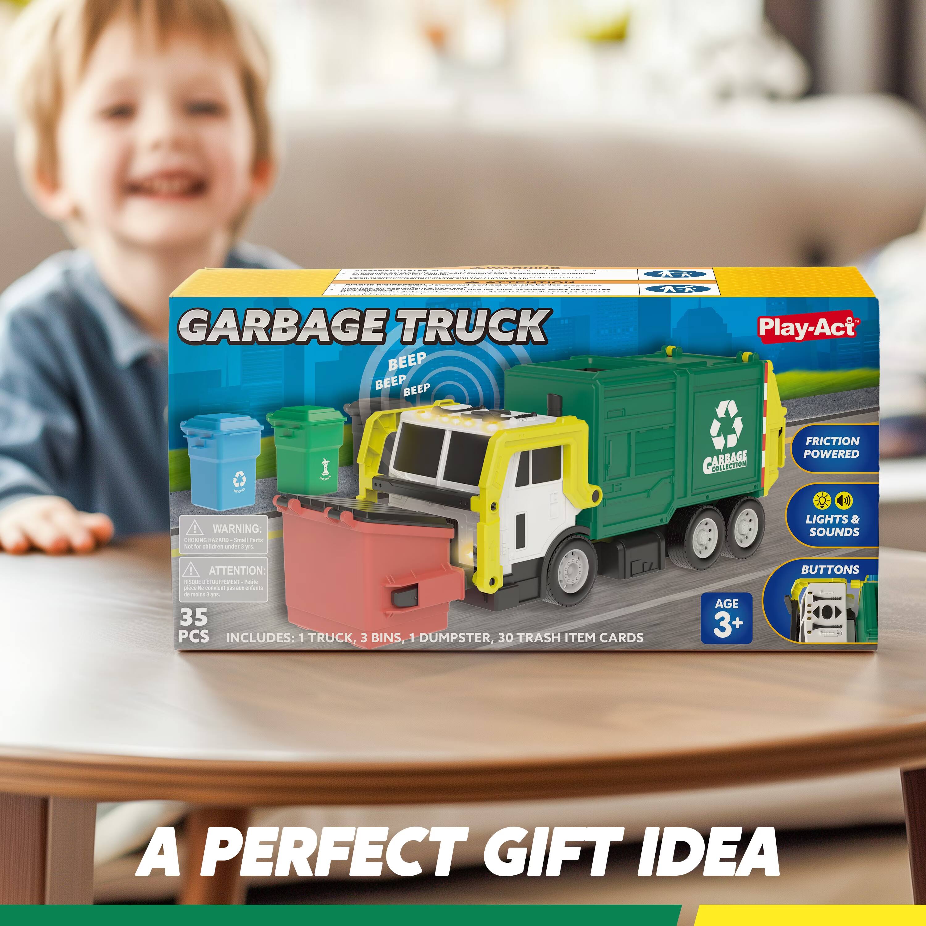 GARBAGE TRUCK BEEP BEEP BEEP Play-Act CARRAGE RUEPNS FRICTION POWERED WARNING - - Cado - - - - . 0 LIGHTS & SOUNDS ATTENTION - RESRI - - - - - - - - - - 35 PCS INCLUDES: 1 TRUCK, 3 BINS, 1 DUMPSTER, 30 TRASH ITEM CARDS AGE 3+ BUTTONS A PERFECT GIFT IDEA