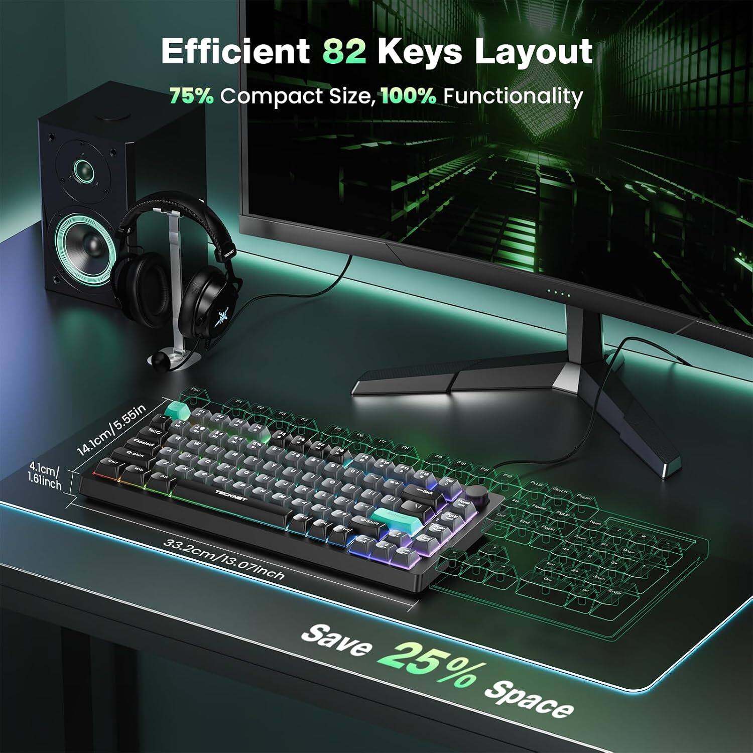 TECKNET 75% Wired Gaming Keyboard, RGB Backlit, 82 Keys, Volume Knob ...