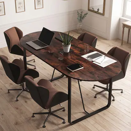 Front. WELLFOR - 71" Oval Conference Table for 6-8 People, Industrial Executive Table with Cable Holes - Rustic Brown.