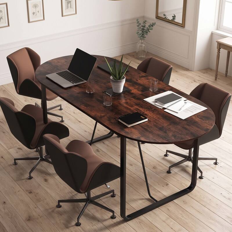 Front. WELLFOR - 71" Oval Conference Table for 6-8 People, Industrial Executive Table with Cable Holes - Rustic Brown.