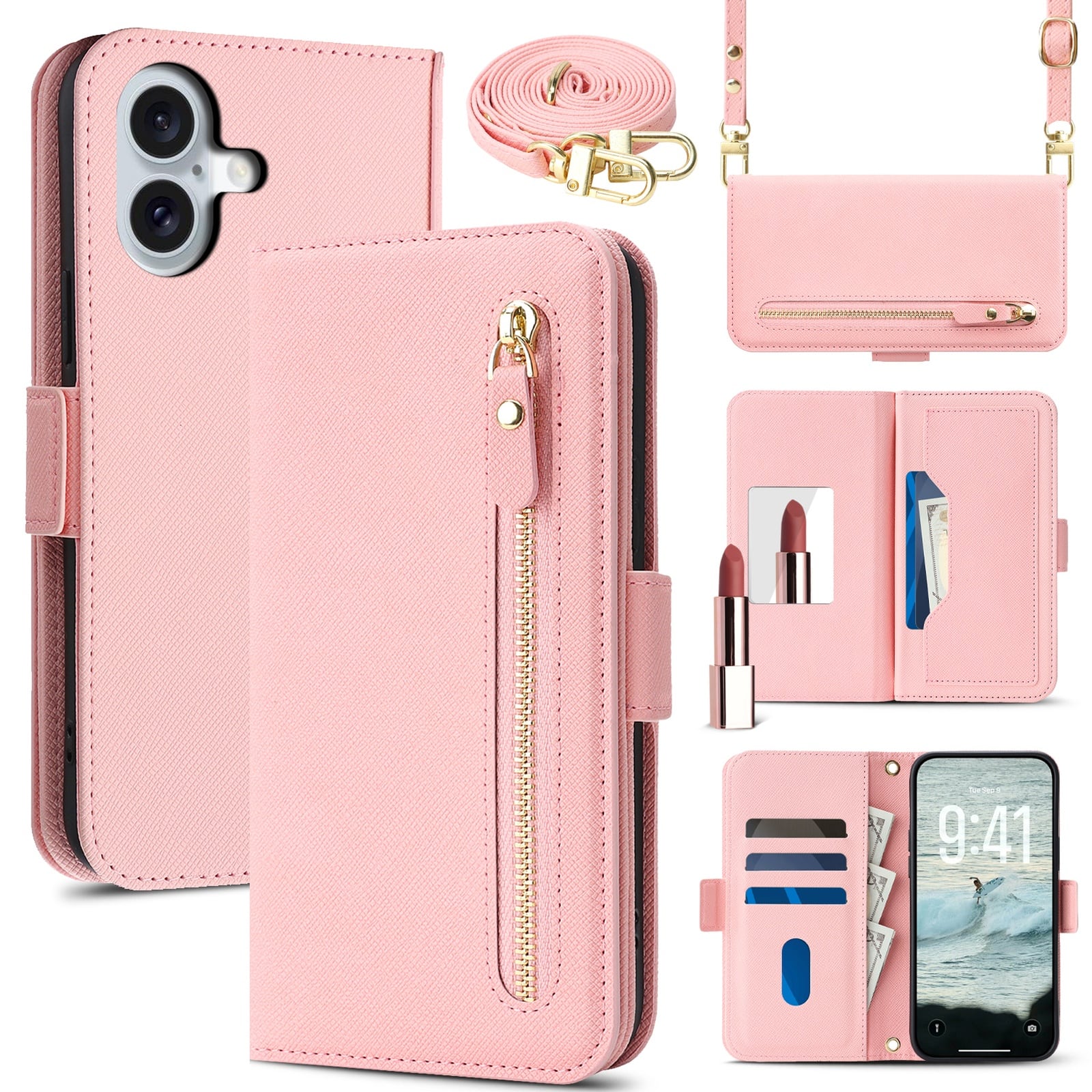 Dteck - For Apple iPhone 17 Shockproof Leather Zipper Flip Wallet Case With Mirror and Crossbody Strap - Pink