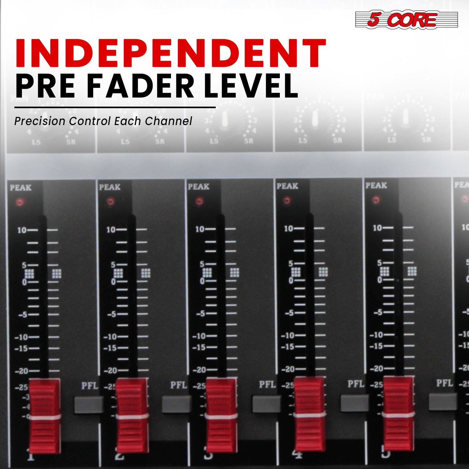 5 CORE

INDEPENDENT PRE FADER LEVEL

Precision Control Each Channel

PEAK

10 5 0 -5 -10 -15 -20 -25

PFL

1 2 3 4 5