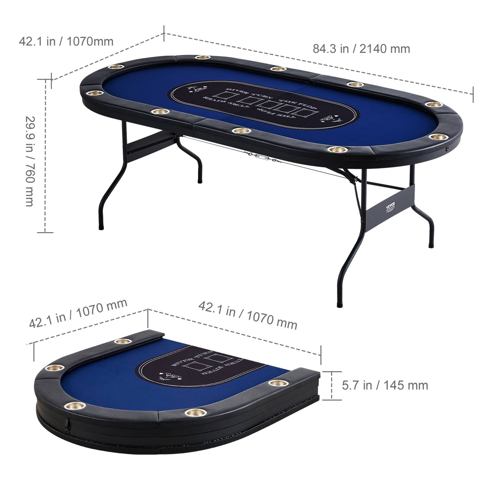 42.1 in / 1070 mm, 84.3 in / 2140 mm, 29.9 in / 760 mm, 5.7 in / 145 mm